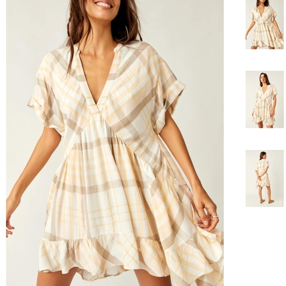 Free‎ people Agnes plaid Mini Dress Neutral Combo Women's XS - Picture 1 of 7